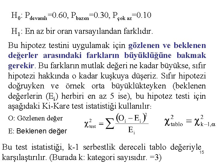 H 0: Pdevamlı=0. 60, Pbazen=0. 30, Pçok az=0. 10 H 1: En az bir