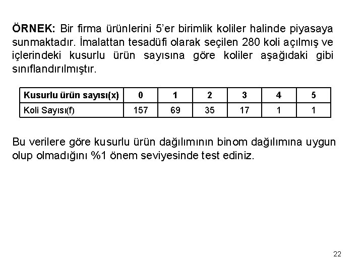 ÖRNEK: Bir firma ürünlerini 5’er birimlik koliler halinde piyasaya sunmaktadır. İmalattan tesadüfi olarak seçilen