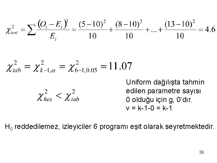 Uniform dağılışta tahmin edilen parametre sayısı 0 olduğu için g, 0’dır. v = k-1