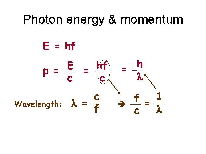 Photon energy & momentum E = hf E hf p= = c c Wavelength: