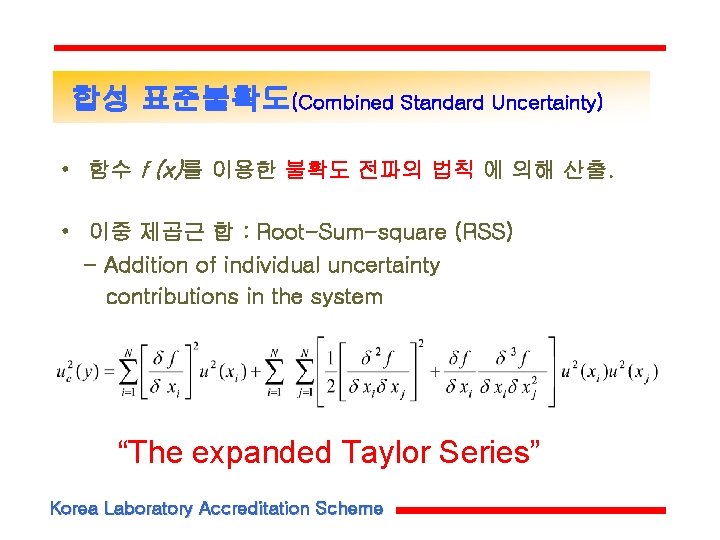 합성 표준불확도(Combined Standard Uncertainty) • 함수 f (x)를 이용한 불확도 전파의 법칙 에 의해 합성 표준불확도(Combined Standard Uncertainty) • 함수 f (x)를 이용한 불확도 전파의 법칙 에 의해