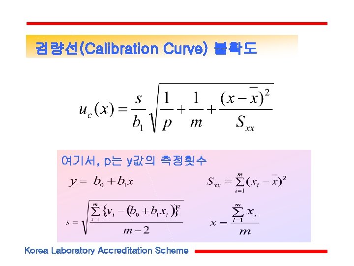 검량선(Calibration Curve) 불확도 여기서, p는 y값의 측정횟수 Korea Laboratory Accreditation Scheme 검량선(Calibration Curve) 불확도 여기서, p는 y값의 측정횟수 Korea Laboratory Accreditation Scheme