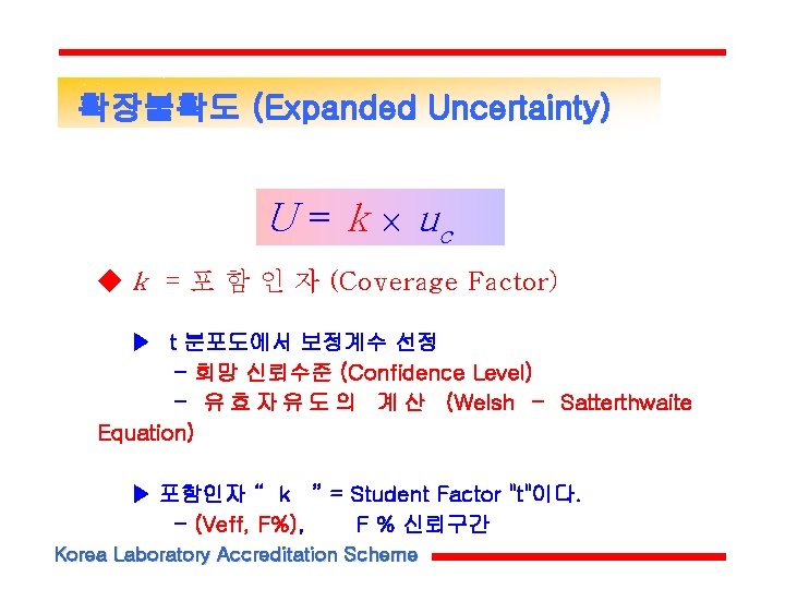 확장불확도 (Expanded Uncertainty) U = k uc ◆ k = 포 함 인 자 확장불확도 (Expanded Uncertainty) U = k uc ◆ k = 포 함 인 자