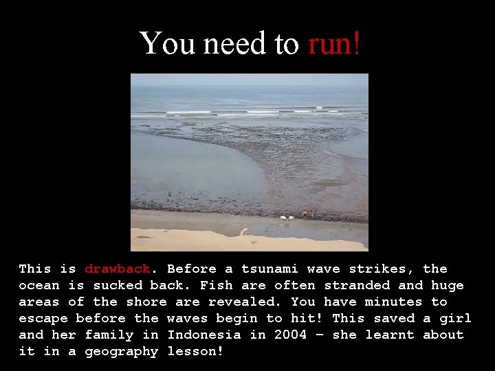You need to run! This is drawback. Before a tsunami wave strikes, the ocean