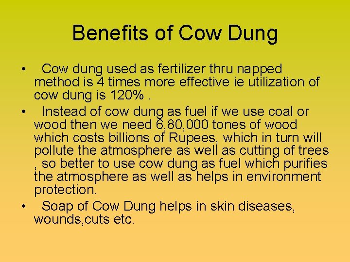 Benefits of Cow Dung • Cow dung used as fertilizer thru napped method is