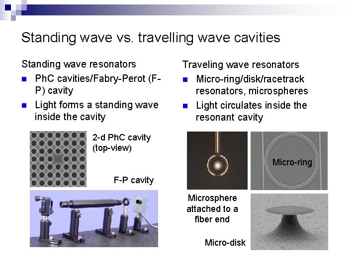 Standing wave vs. travelling wave cavities Standing wave resonators n Ph. C cavities/Fabry-Perot (FP)