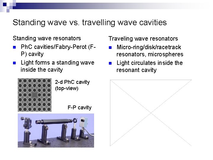 Standing wave vs. travelling wave cavities Standing wave resonators n Ph. C cavities/Fabry-Perot (FP)