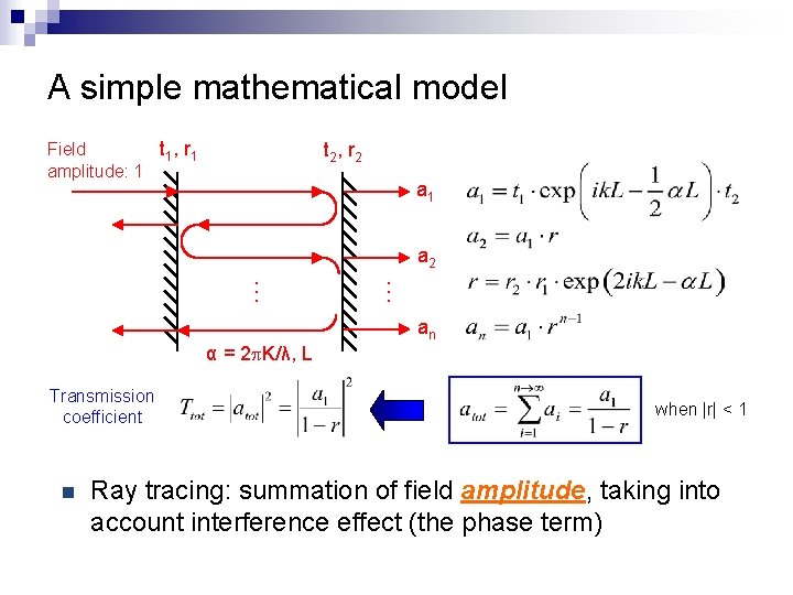 A simple mathematical model t 1, r 1 Field amplitude: 1 t 2, r