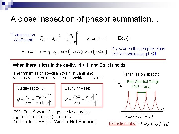 A close inspection of phasor summation… Transmission coefficient when |r| < 1 Eq. (1)