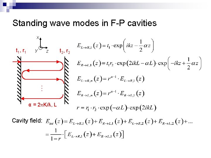 Standing wave modes in F-P cavities x t 1, r 1 y z …