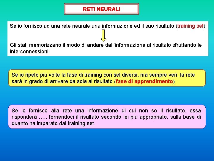 RETI NEURALI Se io fornisco ad una rete neurale una informazione ed il suo