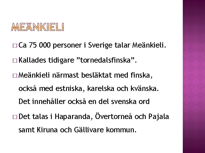 � Ca 75 000 personer i Sverige talar Meänkieli. � Kallades tidigare ”tornedalsfinska”. �