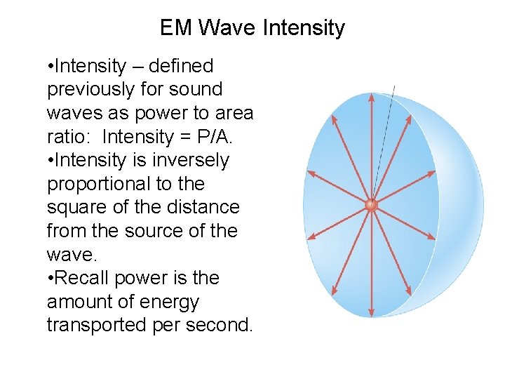 EM Wave Intensity • Intensity – defined previously for sound waves as power to