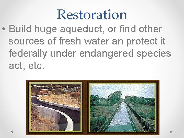 Restoration • Build huge aqueduct, or find other sources of fresh water an protect
