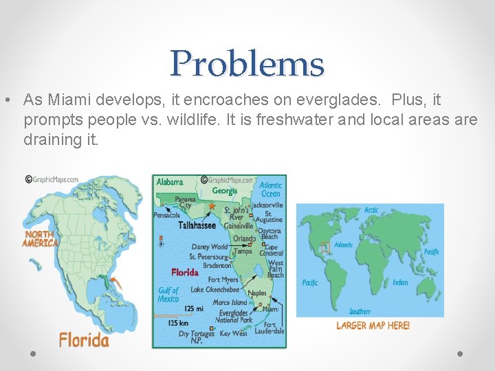 Problems • As Miami develops, it encroaches on everglades. Plus, it prompts people vs.