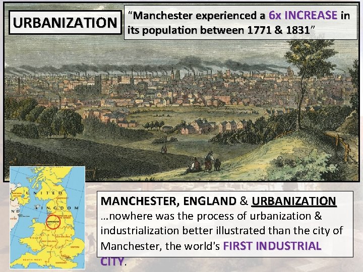 URBANIZATION “Manchester experienced a 6 x INCREASE in its population between 1771 & 1831”