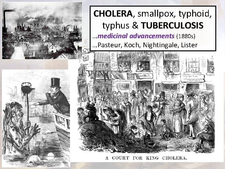 CHOLERA, CHOLERA smallpox, typhoid, typhus & TUBERCULOSIS …medicinal advancements (1880 s) …Pasteur, Koch, Nightingale,