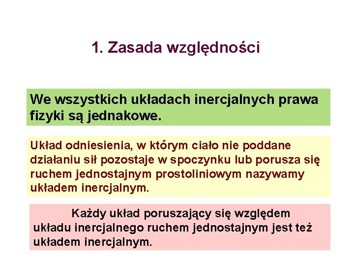 1. Zasada względności We wszystkich układach inercjalnych prawa fizyki są jednakowe. Układ odniesienia, w