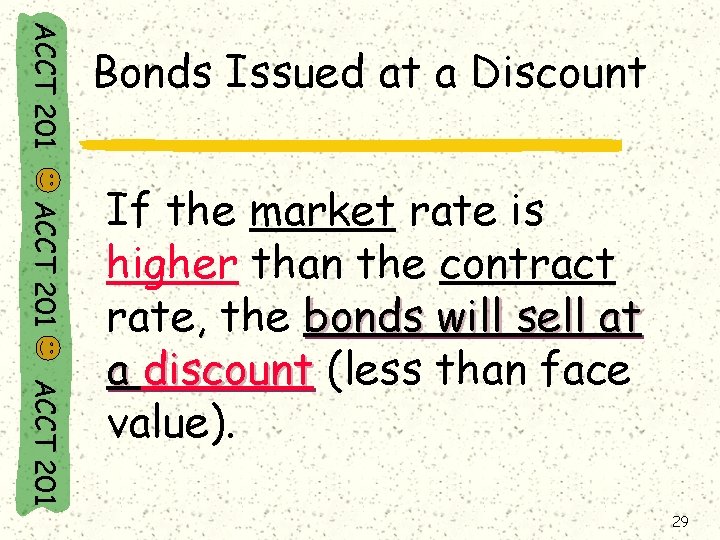 ACCT 201 Bonds Issued at a Discount ACCT 201 If the market rate is