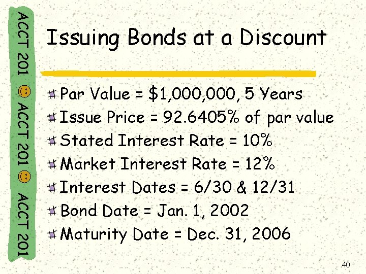 ACCT 201 Issuing Bonds at a Discount ACCT 201 Par Value = $1, 000,