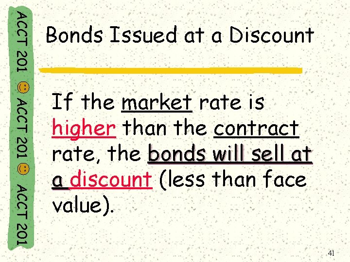 ACCT 201 Bonds Issued at a Discount ACCT 201 If the market rate is