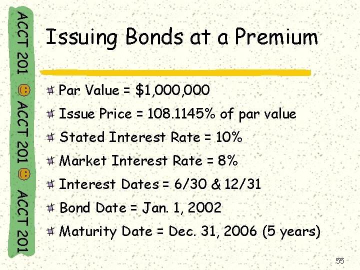 ACCT 201 Issuing Bonds at a Premium Par Value = $1, 000 ACCT 201