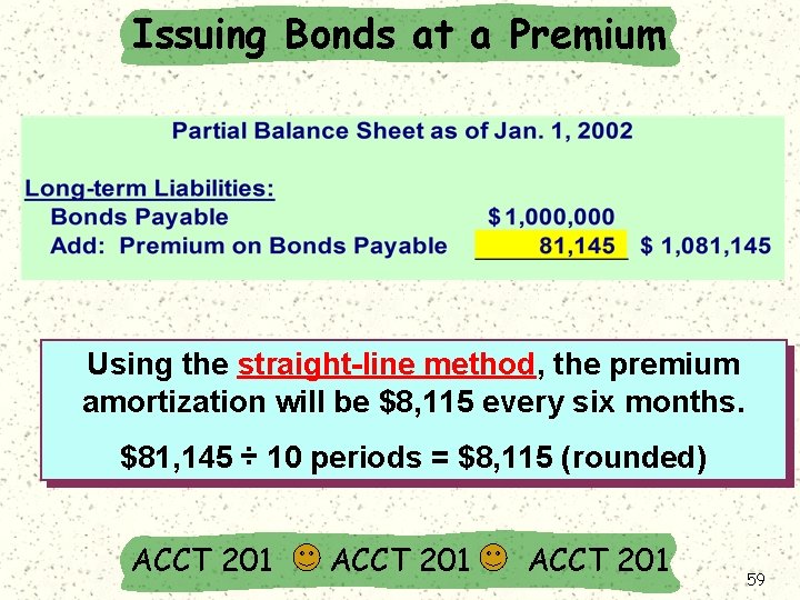 Issuing Bonds at a Premium Using the straight-line method, the premium amortization will be
