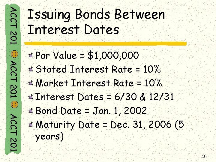 ACCT 201 Issuing Bonds Between Interest Dates ACCT 201 Par Value = $1, 000