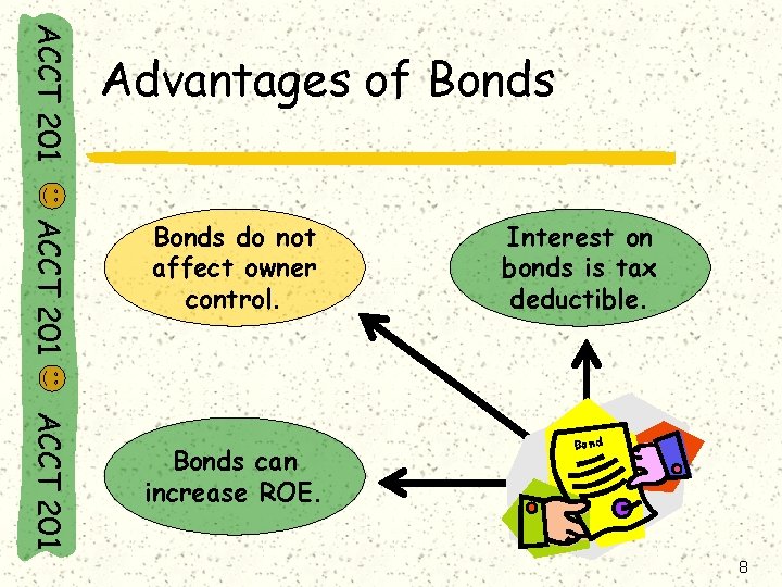 ACCT 201 Advantages of Bonds ACCT 201 Bonds do not affect owner control. ACCT