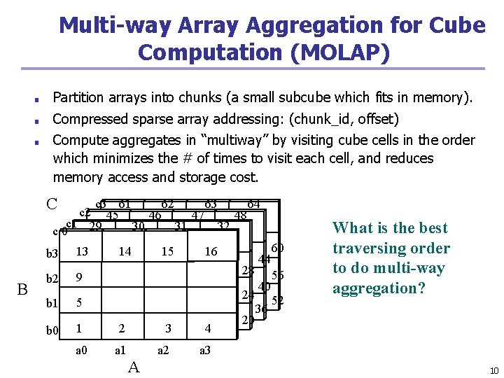 Multi-way Array Aggregation for Cube Computation (MOLAP) ■ Partition arrays into chunks (a small Multi-way Array Aggregation for Cube Computation (MOLAP) ■ Partition arrays into chunks (a small