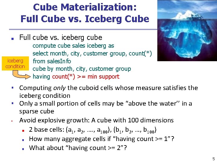Cube Materialization: Full Cube vs. Iceberg Cube ■ Full cube vs. iceberg cube iceberg Cube Materialization: Full Cube vs. Iceberg Cube ■ Full cube vs. iceberg cube iceberg