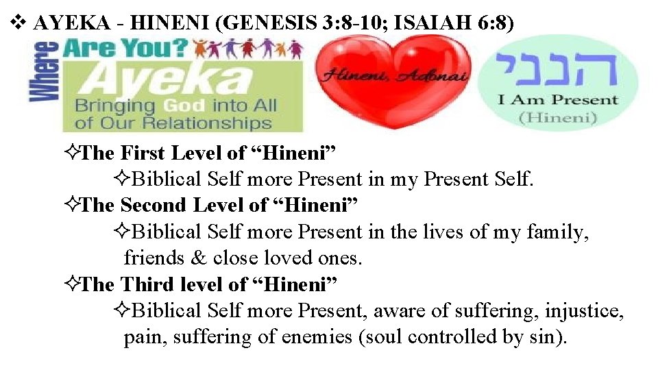  AYEKA - HINENI (GENESIS 3: 8 -10; ISAIAH 6: 8) The First Level