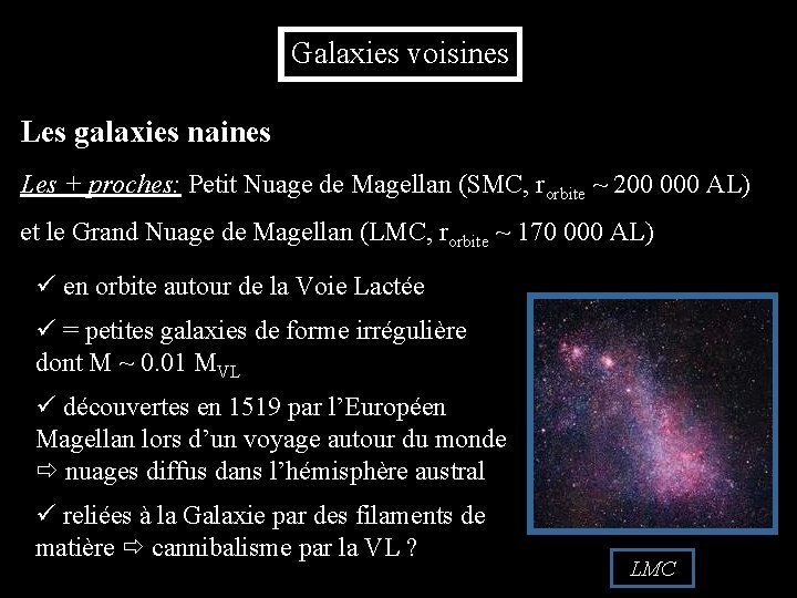 Galaxies voisines Les galaxies naines Les + proches: Petit Nuage de Magellan (SMC, rorbite