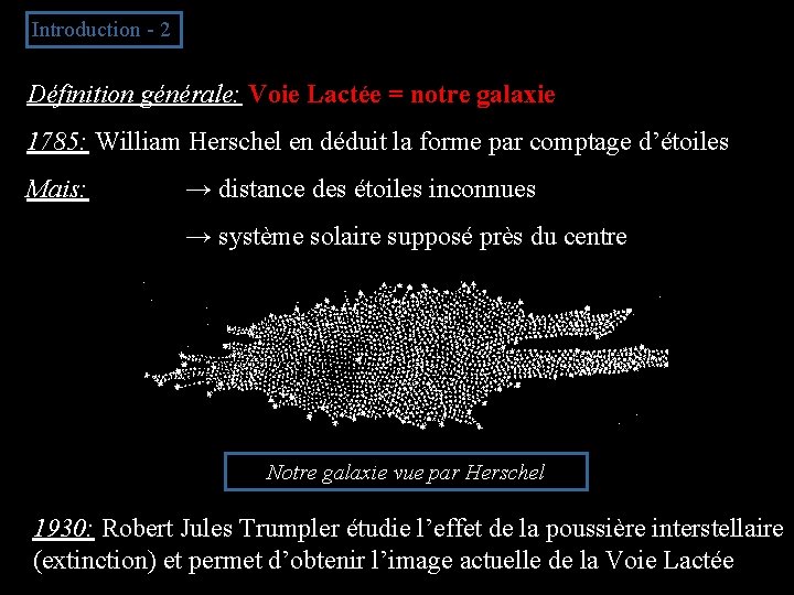 Introduction - 2 Définition générale: Voie Lactée = notre galaxie 1785: William Herschel en