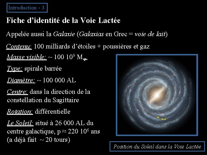 Introduction - 3 Fiche d’identité de la Voie Lactée Appelée aussi la Galaxie (Galaxias