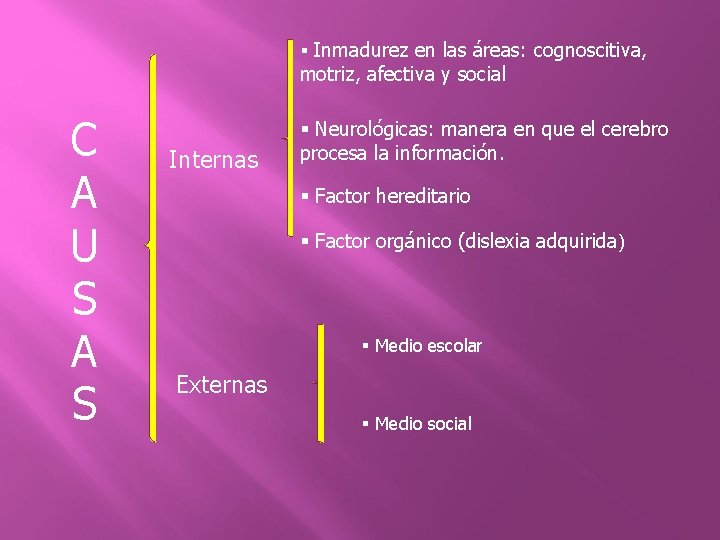 § Inmadurez en las áreas: cognoscitiva, motriz, afectiva y social C A U S