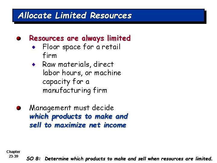 Allocate Limited Resources are always limited Floor space for a retail firm Raw materials,