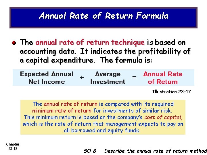 Annual Rate of Return Formula The annual rate of return technique is based on