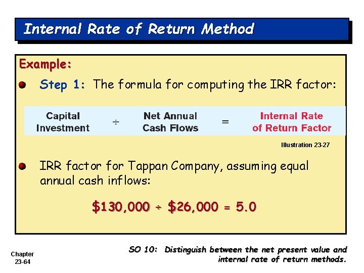 Internal Rate of Return Method Example: Step 1: The formula for computing the IRR
