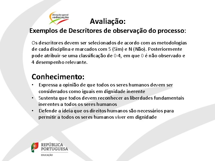 Avaliação: Exemplos de Descritores de observação do processo: Os descritores devem ser selecionados de