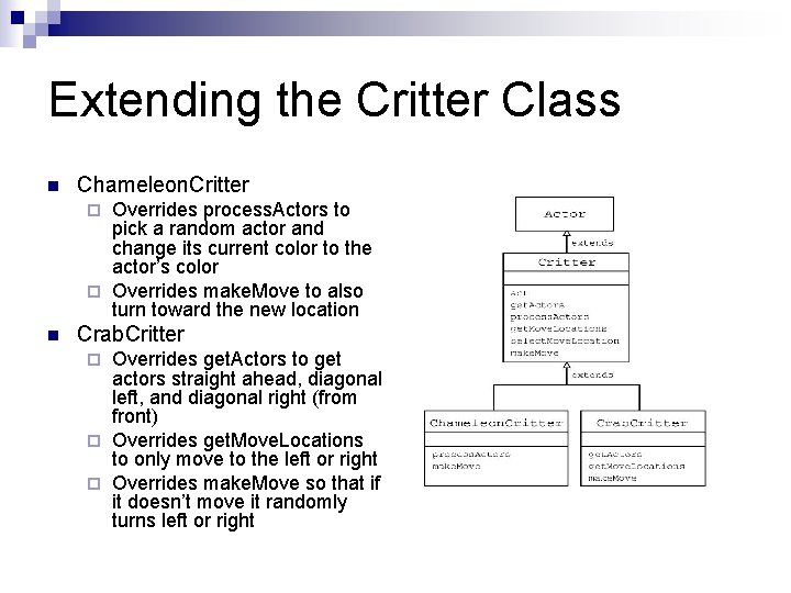 Extending the Critter Class n Chameleon. Critter Overrides process. Actors to pick a random Extending the Critter Class n Chameleon. Critter Overrides process. Actors to pick a random