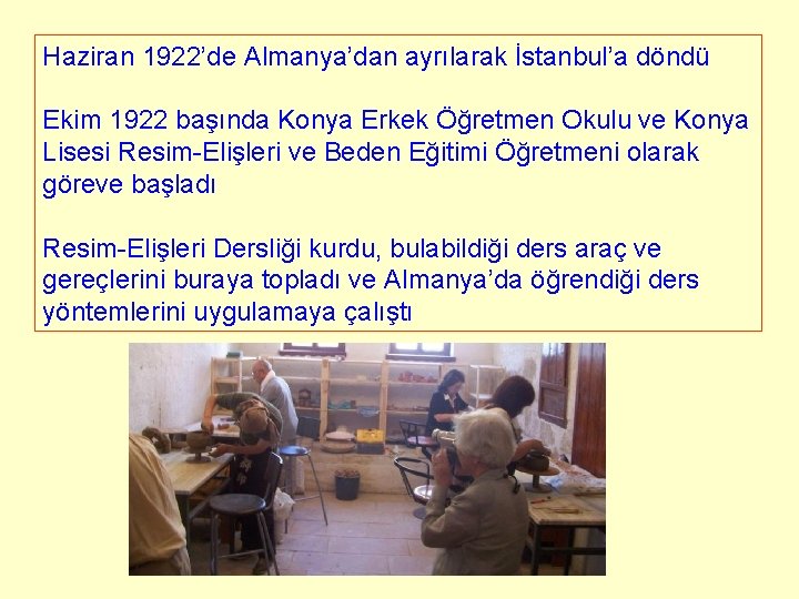 Haziran 1922’de Almanya’dan ayrılarak İstanbul’a döndü Ekim 1922 başında Konya Erkek Öğretmen Okulu ve