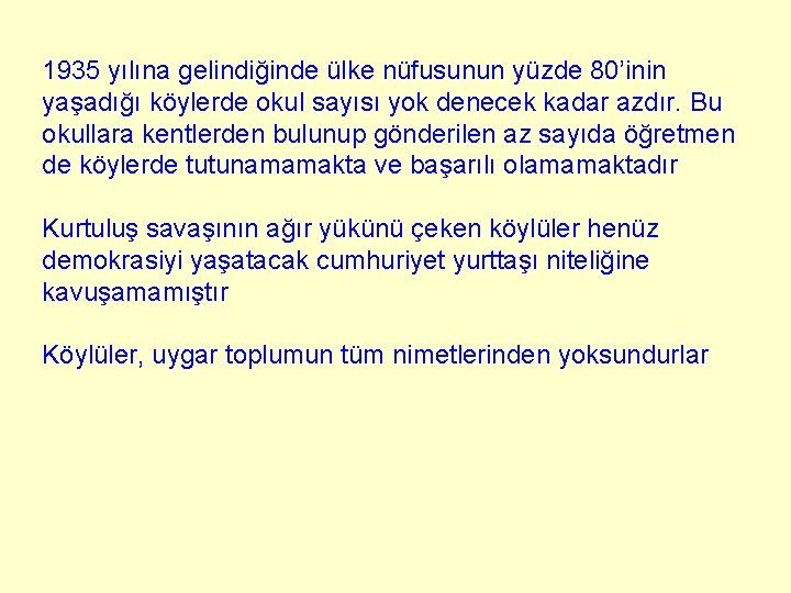 1935 yılına gelindiğinde ülke nüfusunun yüzde 80’inin yaşadığı köylerde okul sayısı yok denecek kadar