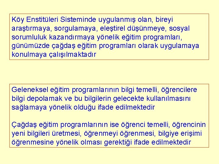 Köy Enstitüleri Sisteminde uygulanmış olan, bireyi araştırmaya, sorgulamaya, eleştirel düşünmeye, sosyal sorumluluk kazandırmaya yönelik Köy Enstitüleri Sisteminde uygulanmış olan, bireyi araştırmaya, sorgulamaya, eleştirel düşünmeye, sosyal sorumluluk kazandırmaya yönelik