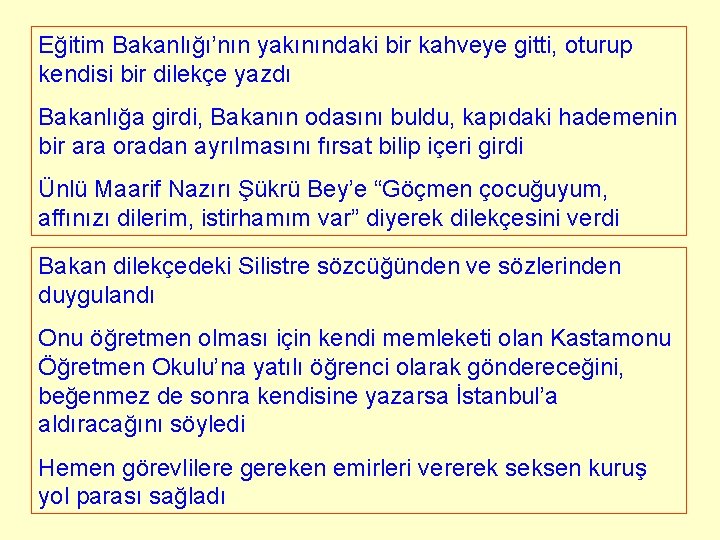 Eğitim Bakanlığı’nın yakınındaki bir kahveye gitti, oturup kendisi bir dilekçe yazdı Bakanlığa girdi, Bakanın