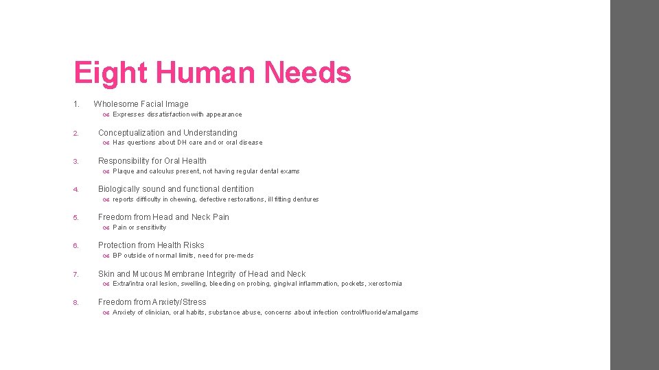 Eight Human Needs 1. Wholesome Facial Image Expresses dissatisfaction with appearance 2. Conceptualization and