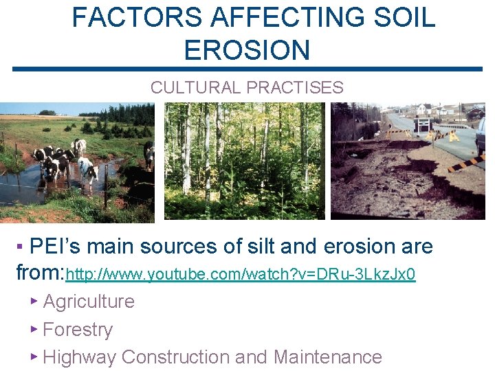 FACTORS AFFECTING SOIL EROSION CULTURAL PRACTISES ▪ PEI’s main sources of silt and erosion