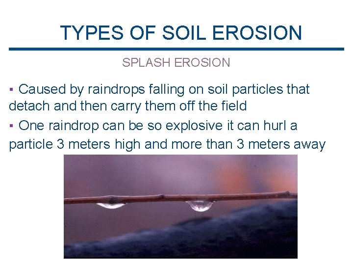 TYPES OF SOIL EROSION SPLASH EROSION ▪ Caused by raindrops falling on soil particles