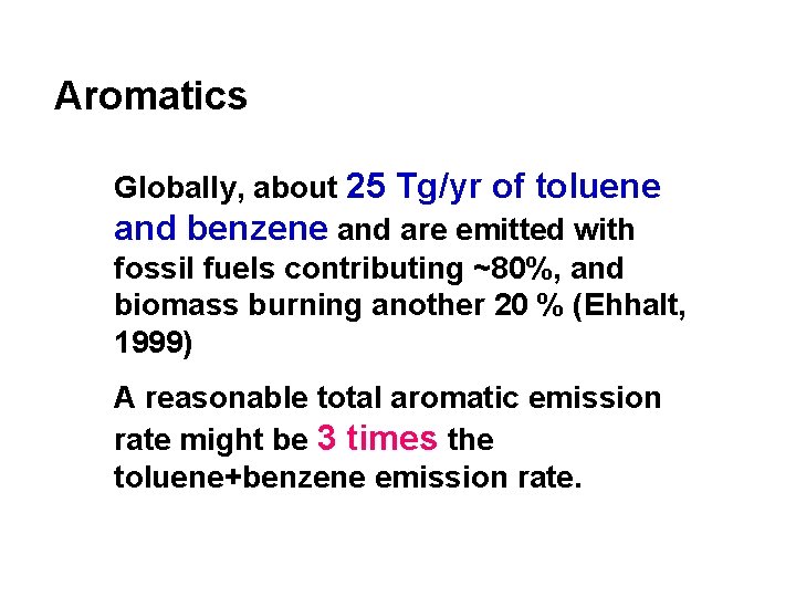 Aromatics Globally, about 25 Tg/yr of toluene and benzene and are emitted with fossil