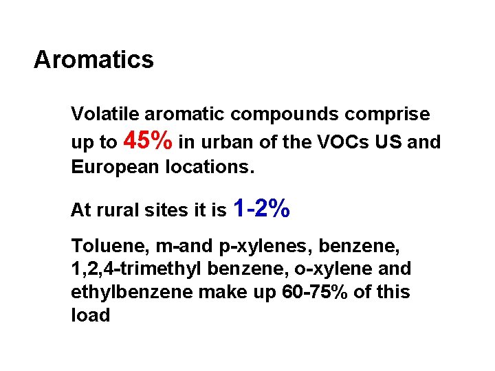 Aromatics Volatile aromatic compounds comprise up to 45% in urban of the VOCs US